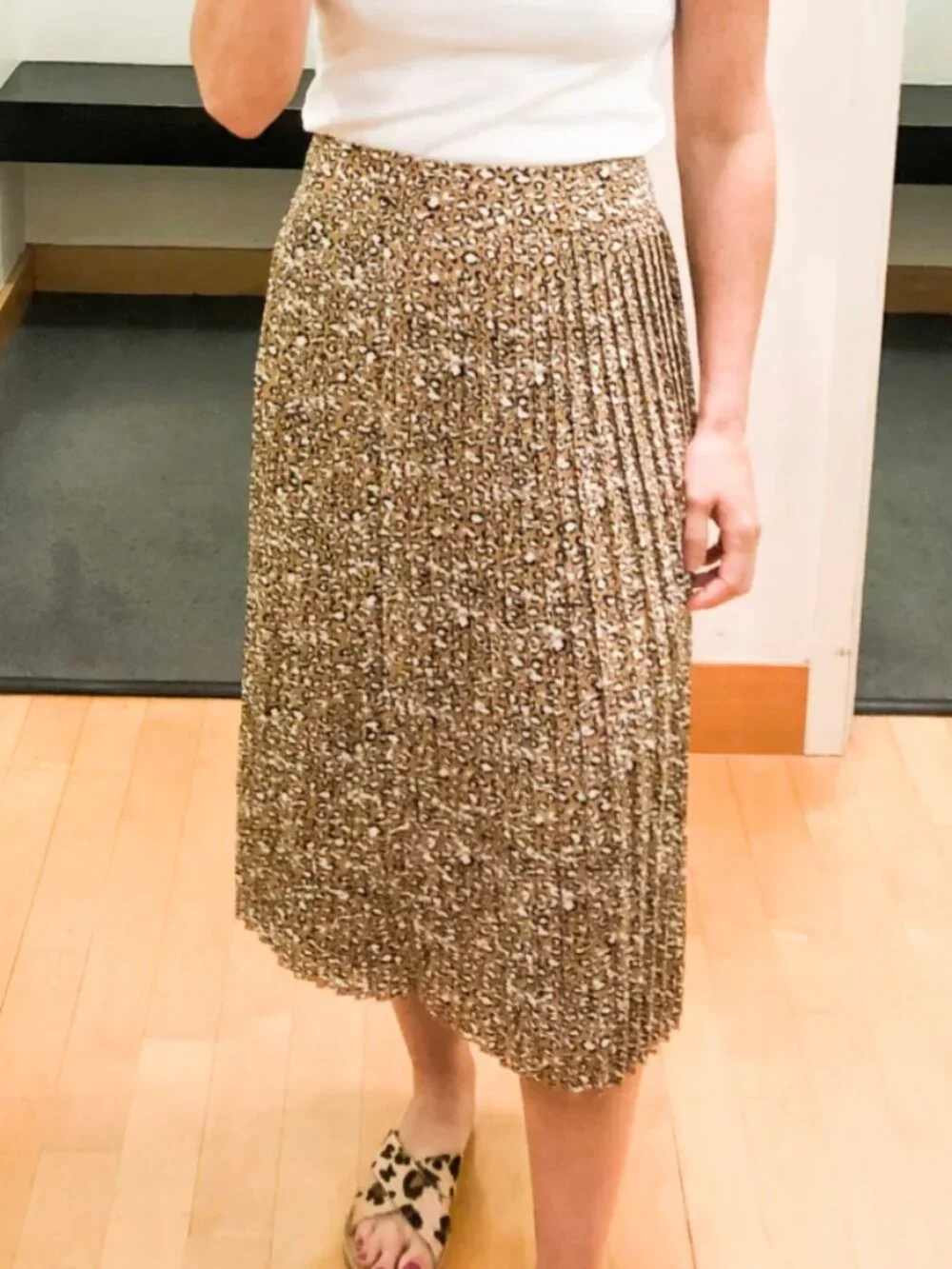 J. CREW Factory Pleated Midi Skirt Tan Brown Black Leopard Print Cheetah Animal